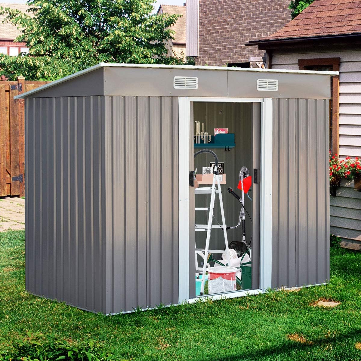 2.97M² Abri de Jardin en Métal,Cabane à Outils en Tôle Galvanisée,Remise de Jardin avec Porte Coulissante,Bouches d'Aération,238x131x181cm - 4