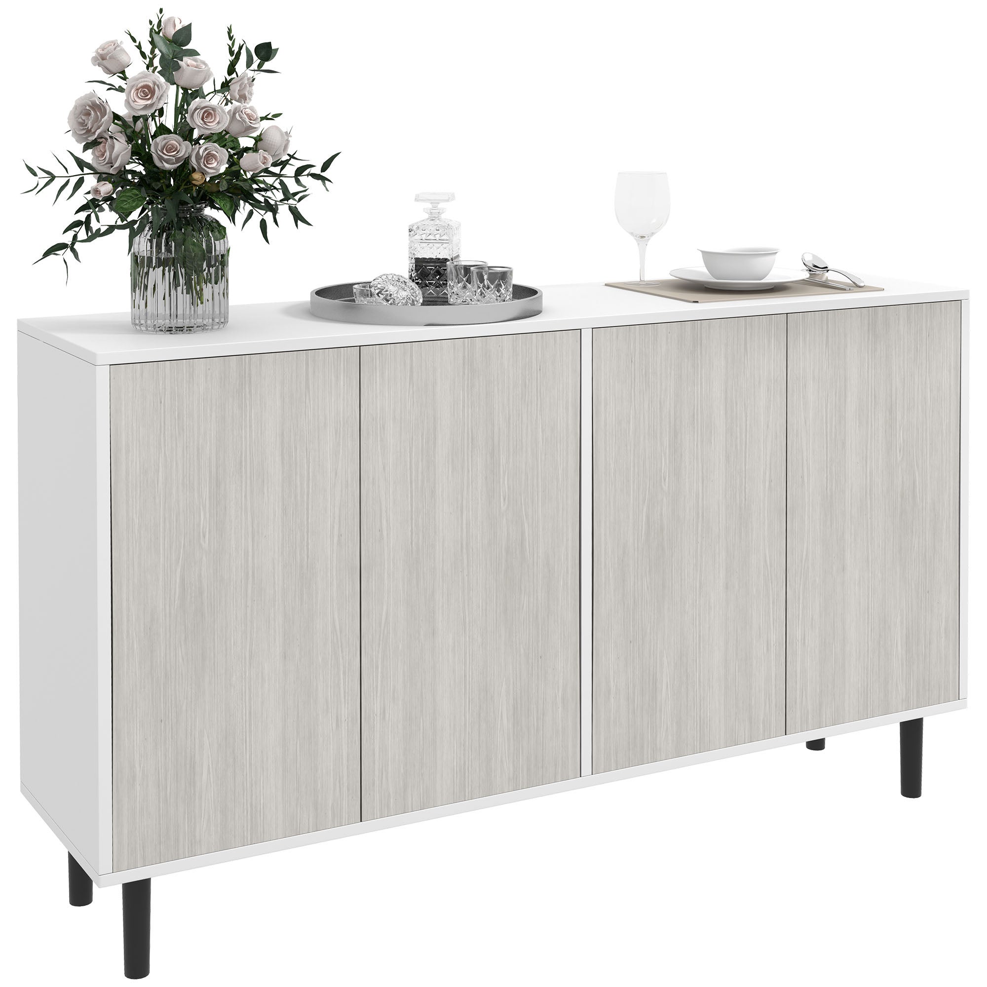 Aparador de cocina con 2 armarios y estantes ajustables, 121 x 37 x 75 cm, efecto madera blanca y gris.