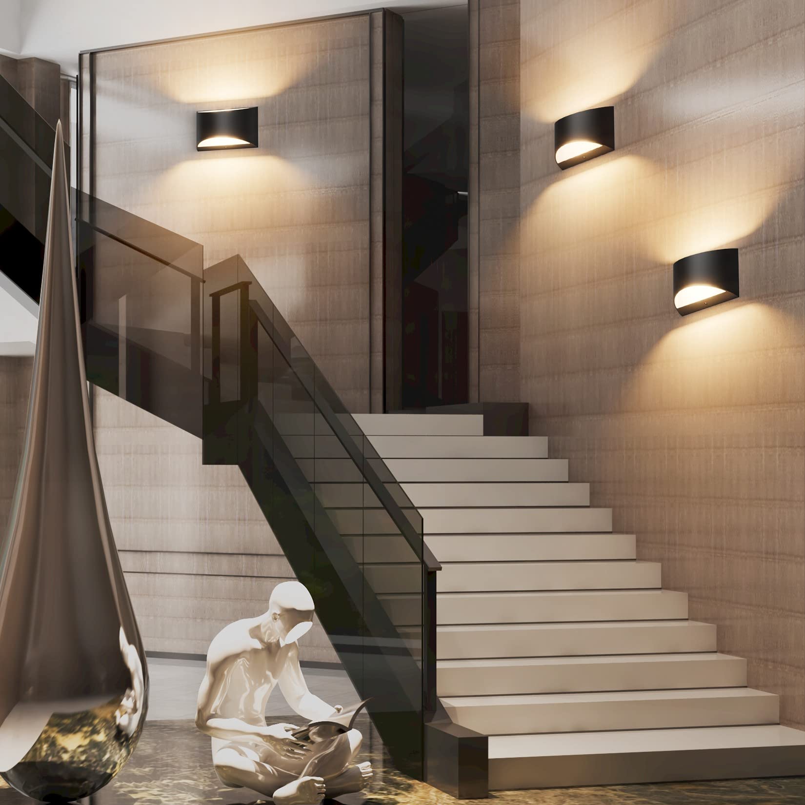 Lampada da parete moderna a LED, lampada da parete bianca calda 3000K, lampada da parete su e giù da 7 W, lampada da parete per interni, nera - 4