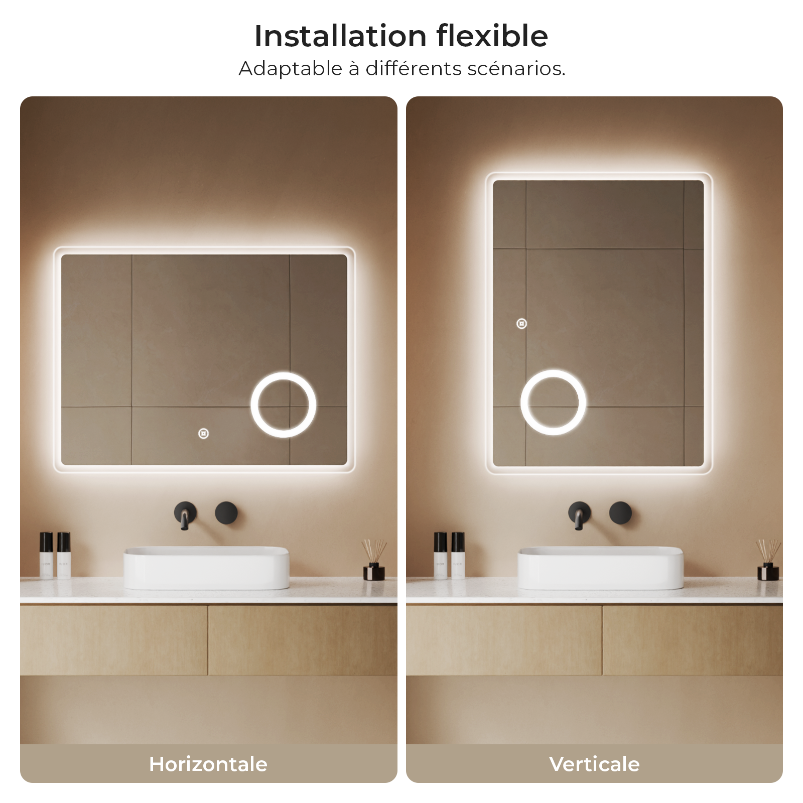 S'AFIELINA Specchio da bagno a LED con illuminazione 60 x 80 cm a ingrandimento 3x, con interruttore a sfioramento, antiappannamento, 3000/4000/6500K - 6