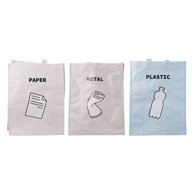 Well Home Juego de 3 Bolsas de Reciclaje Plegables PP 150 g/m², Separación Residuos Metal, Papel y Plástico, Con cierre Lateral 30x30x39cm