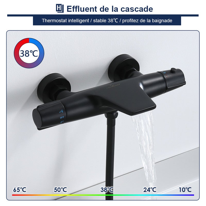 Colonne de Douche Noir avec Mitigeur Thermostatique Cascade, Ensemble Douche en Laiton pour Baignoire, Hauteur Réglable Sans Percement Supplémentaire - 2