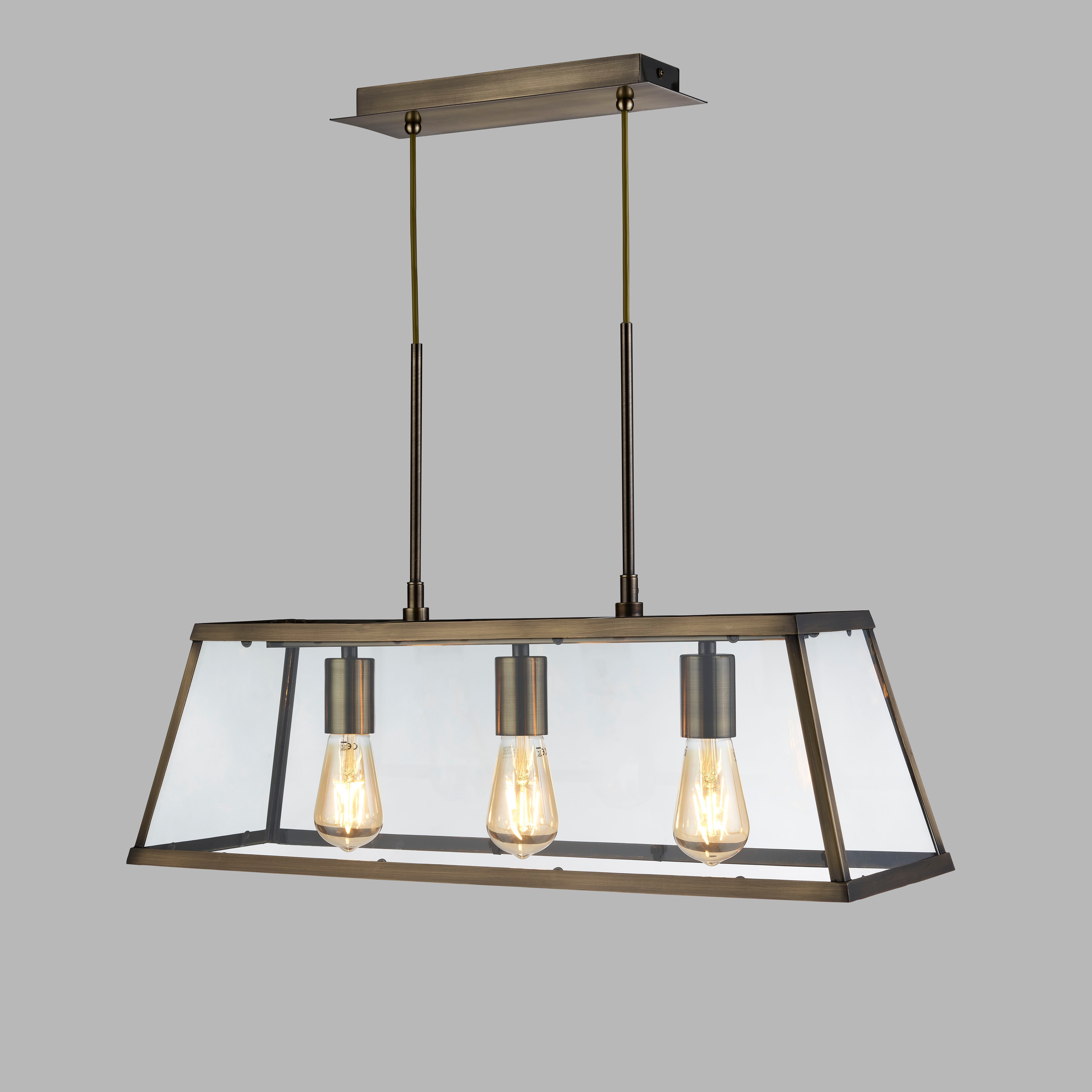 Suspension VOYAGER 3L barre lanterne rectangulaire , laiton antique, Verre E27 3x60w maxi Long 65cm haut 120cm - 5