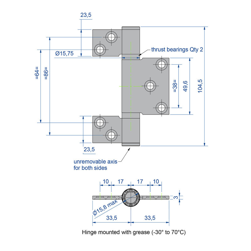 Charnière en INOX axe de 10 mm dimension 67x104,5 mm - 2