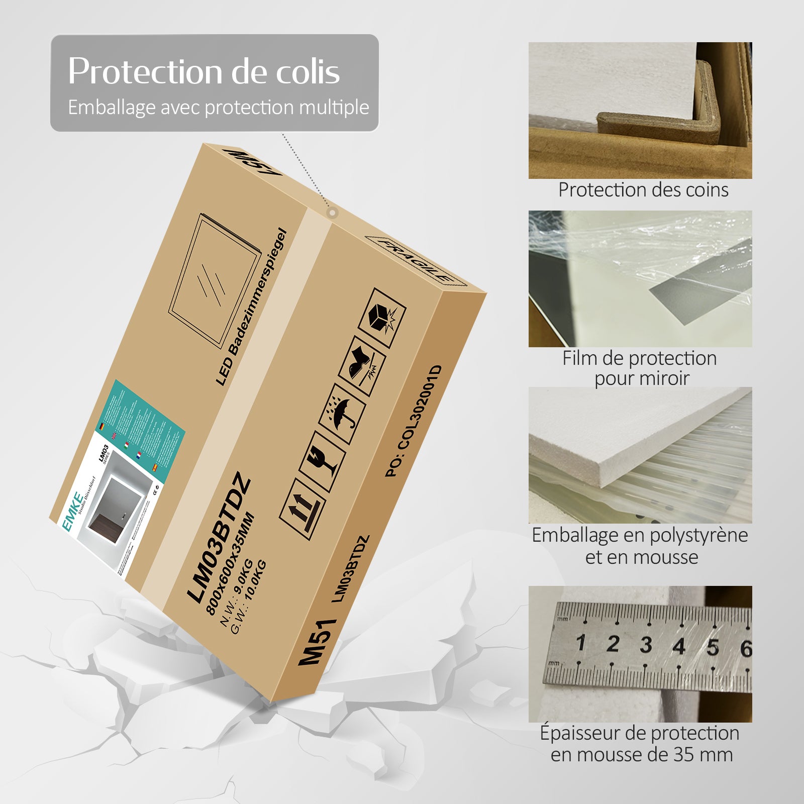 EMKE Miroir de Salle de Bain LED 120x60cm avec éclairage lumière Blanche Froide, Interrupteur Tactile, Dimmable, Fonction Mémoire, IP44 Étanchéité - 4