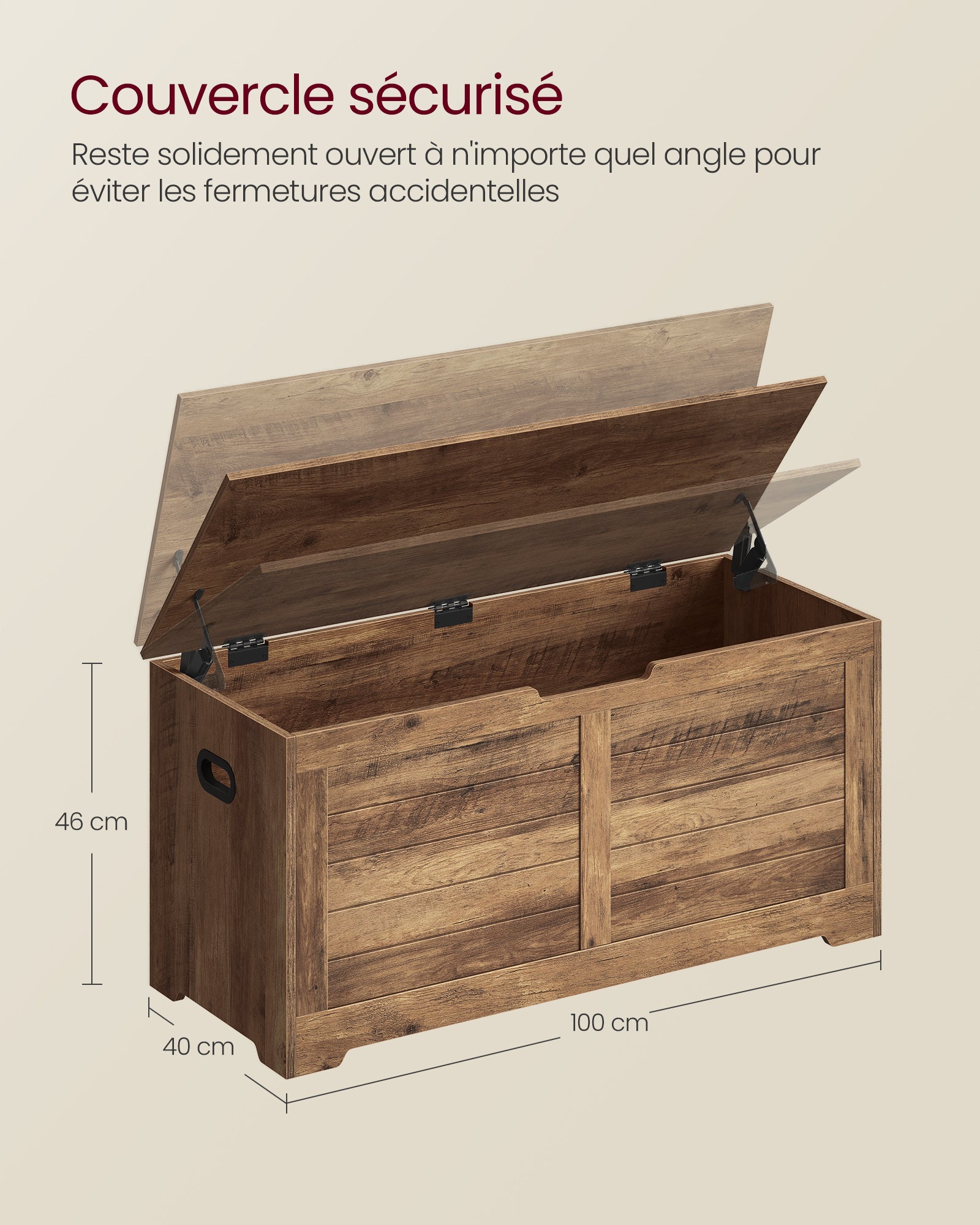 Coffre de Rangement, Banc de Stockage, 2 Charnières de Sécurité, , 40 x 100 x 46 cm, pour Entrée, Salon, Marron Miel - 5