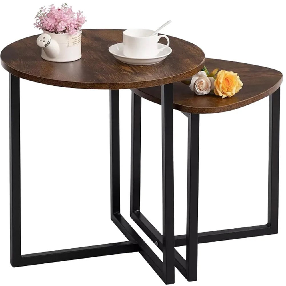 Set 2 Tavolini Ad Incastro Industrial Con Piano Legno - Salvaspazio Per Soggiorno O Salotto - Foto 5