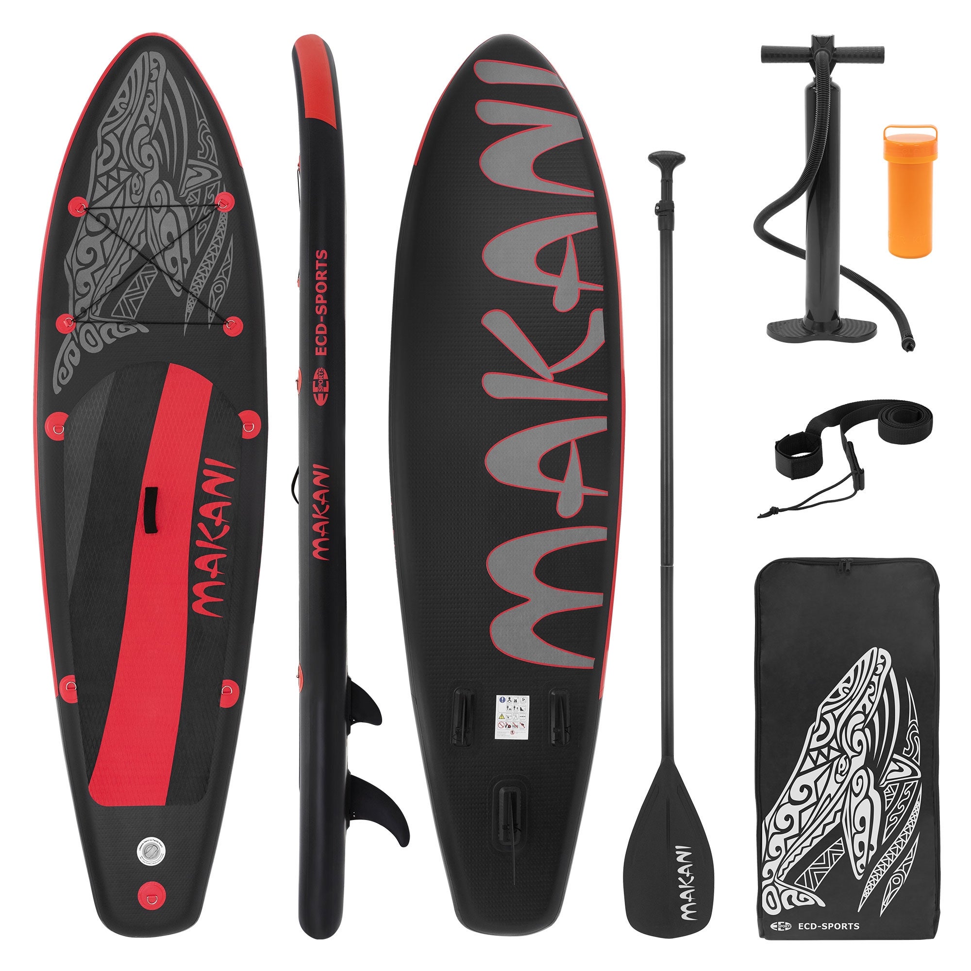 ECD Germany nadmuchiwana deska SUP Makani 320x80x15cm czarny/czerwony PVC udźwig do 120kg zawiera torbę pompkę i akcesoria idealna do wiosłowania