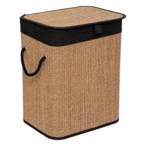Cesto portabiancheria in bambù beige pieghevole con 2 scomparti per riporre oggetti, coperchio con manico in canapa 52 x 32 H.63