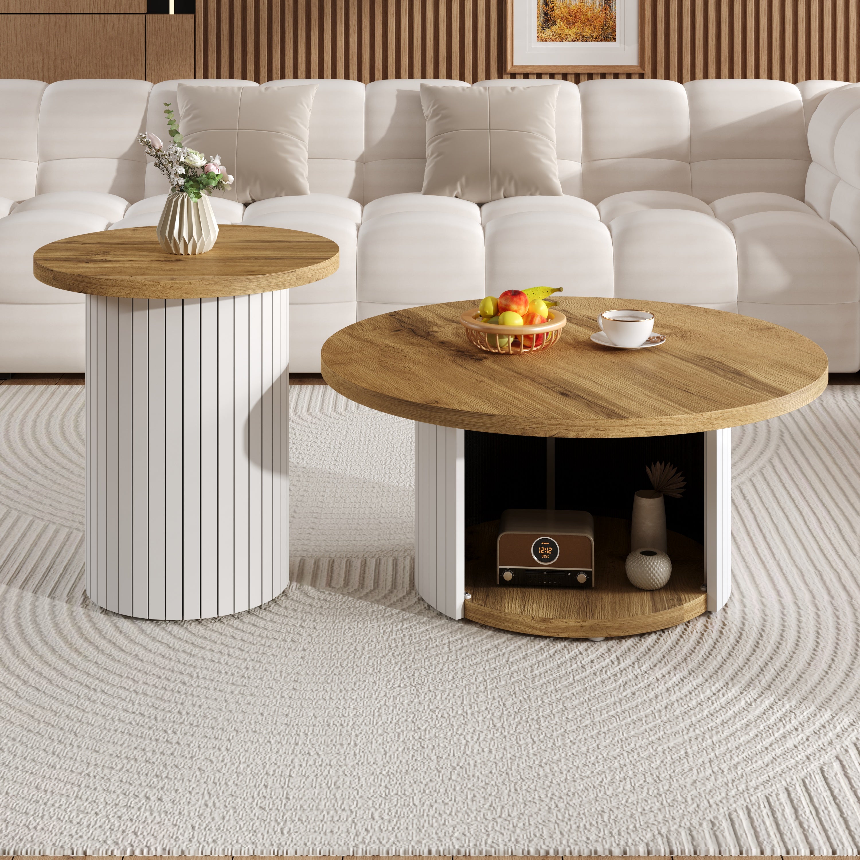 Double Table Basses Ronde avec Rangement- Table D'appoint avec Lattes ...