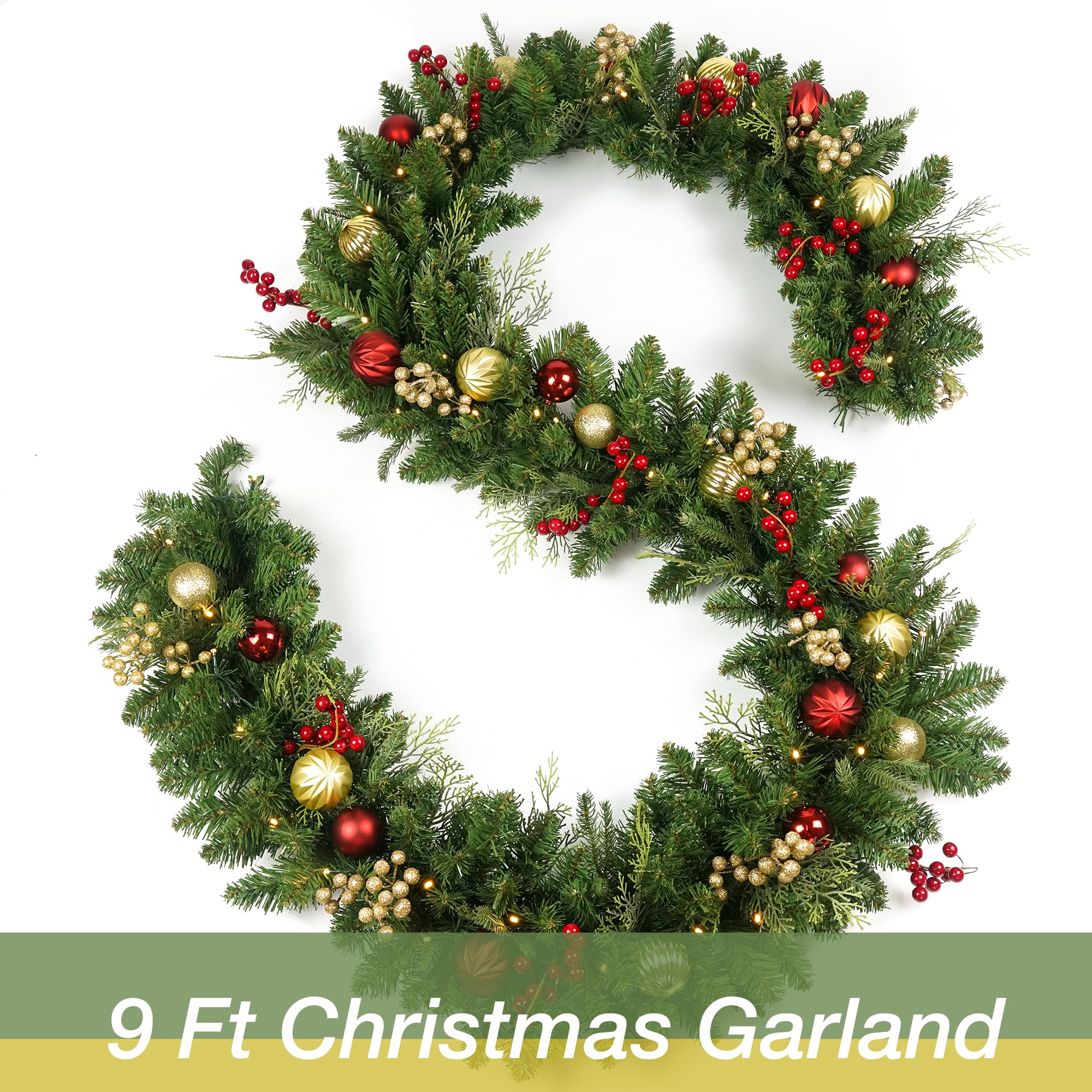 Couronne de Noël à LED de 2,7 m avec lumières LED, baies de pin rouge, boules de Noël, couronne de Noël pré-enfilée, lumière chaude, pour manteaux - 3