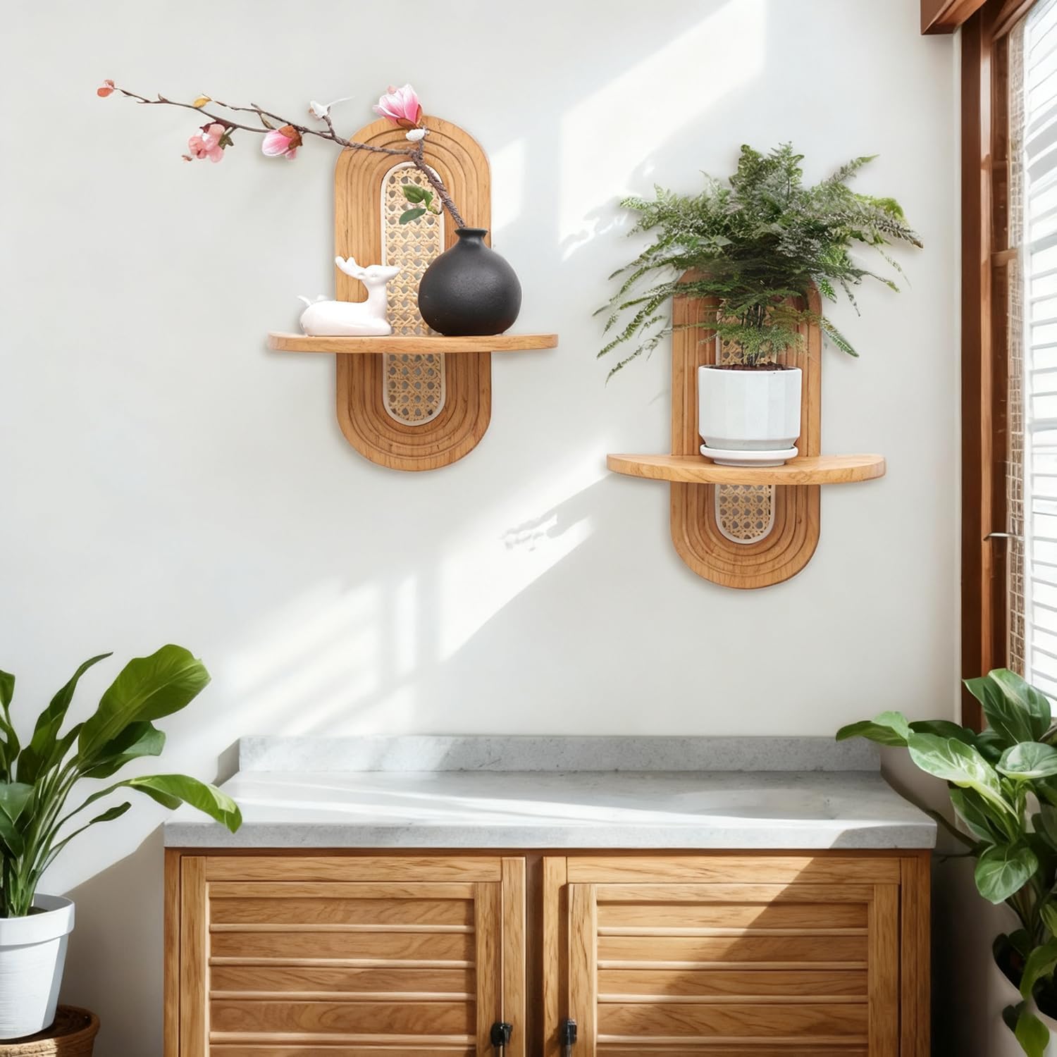 Étagères murales flottantes, ensemble de 2 étagères bohèmes en rotin, petite étagère décorative murale unique, étagères naturel pour salon，beige - 6
