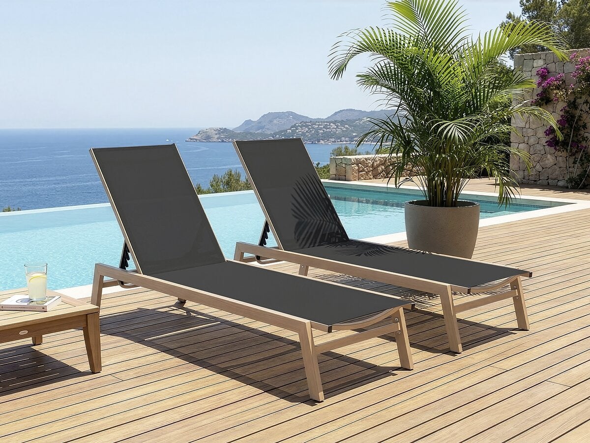 Lot de 2 bains de soleil en aluminium imitation bois 