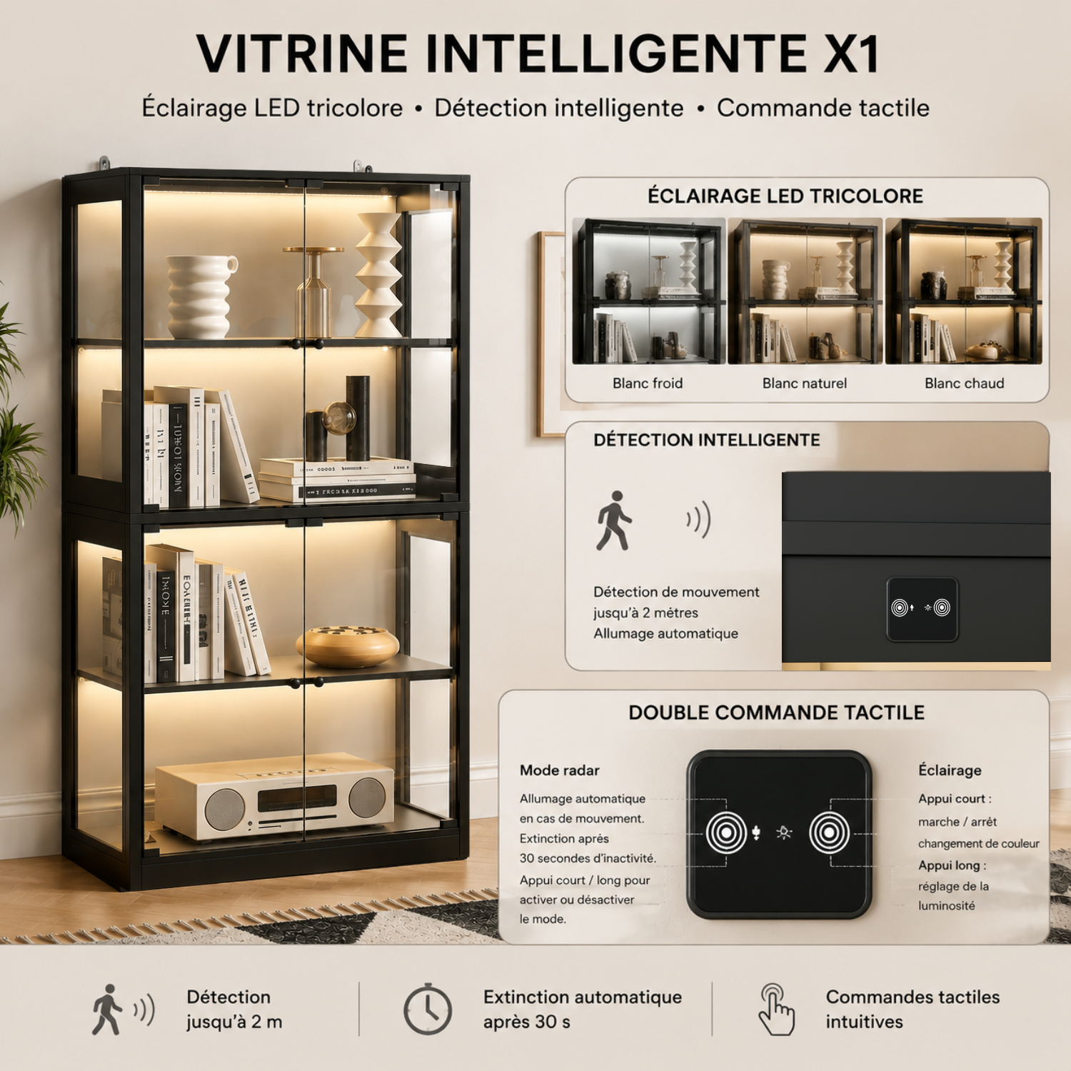 Vitrine Armoire 4 portes avec Lumière Intelligente et Boîtier intelligent, Salon et Chambre, 80x35x165, Noir - 3