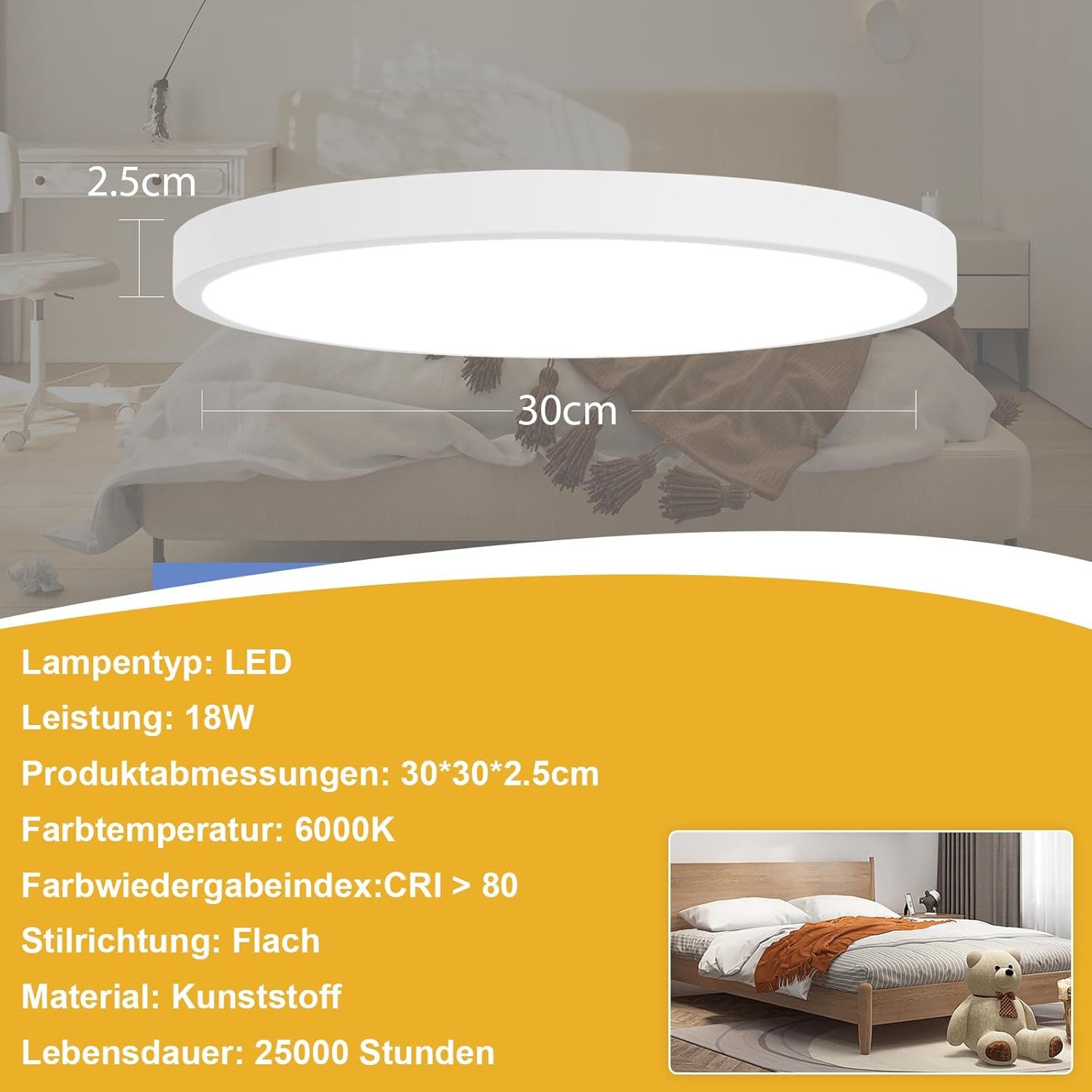 NETTLIFE Lámpara de techo LED Diámetro 30 cm Lámpara de cocina plana Lámpara redonda blanca 24 W Dormitorio IP44 6000 K Lámpara de pasillo para baño - 2