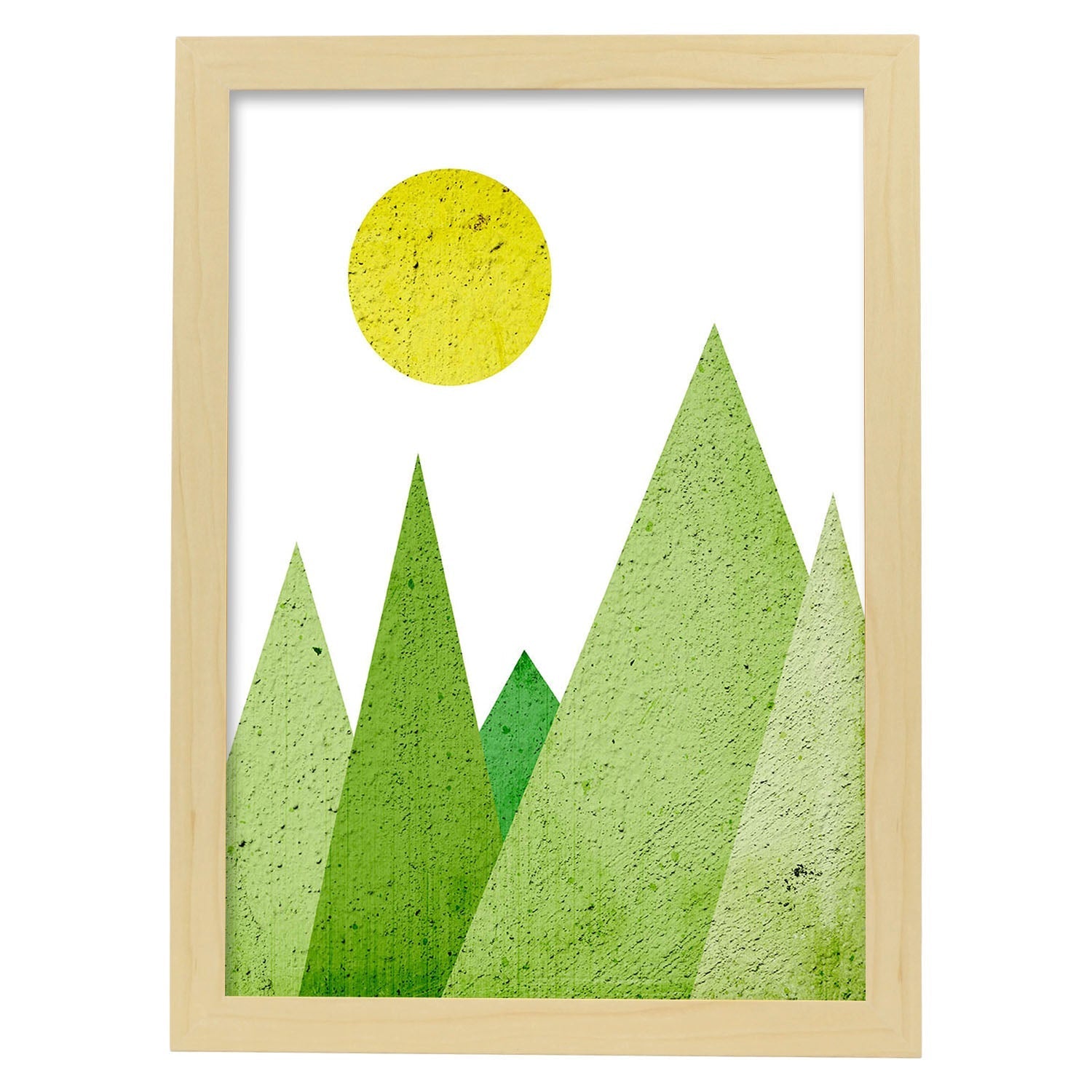 Poster con dibujo de montanas geometricas. lamina montanas verdes, ilustrada con con formas y figuras llenas de color. marco madera clara - a3