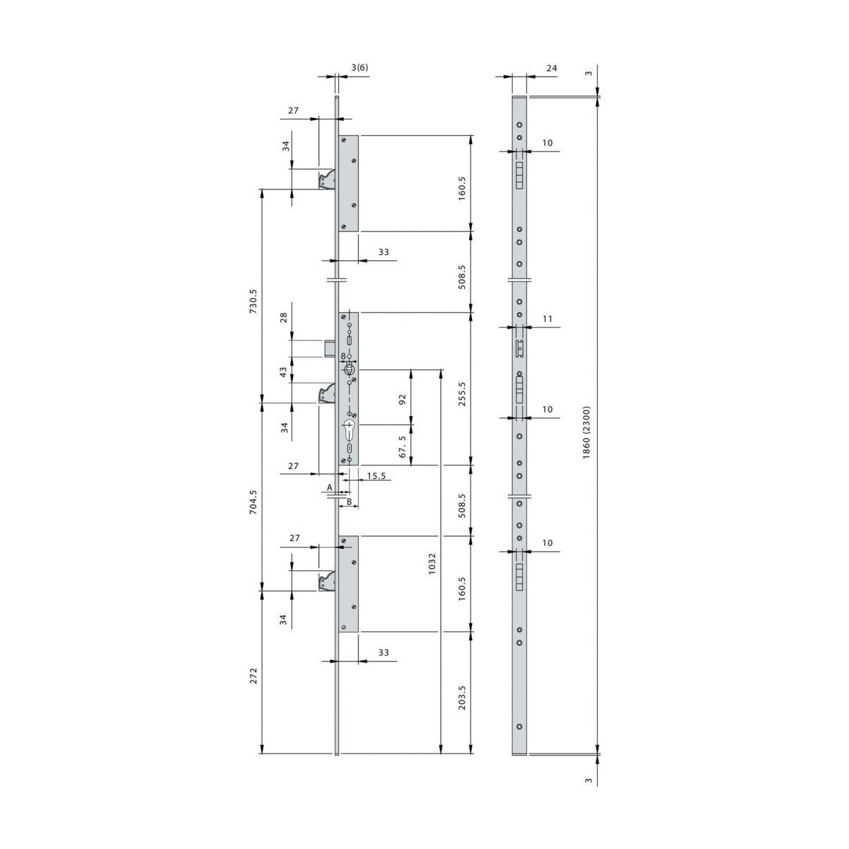 Serratura a 3 punti Multiblindo Inox ISEO con catenaccio reversibile - Placca U 1860x24x6 - Perno 35 - 795101352 - 2