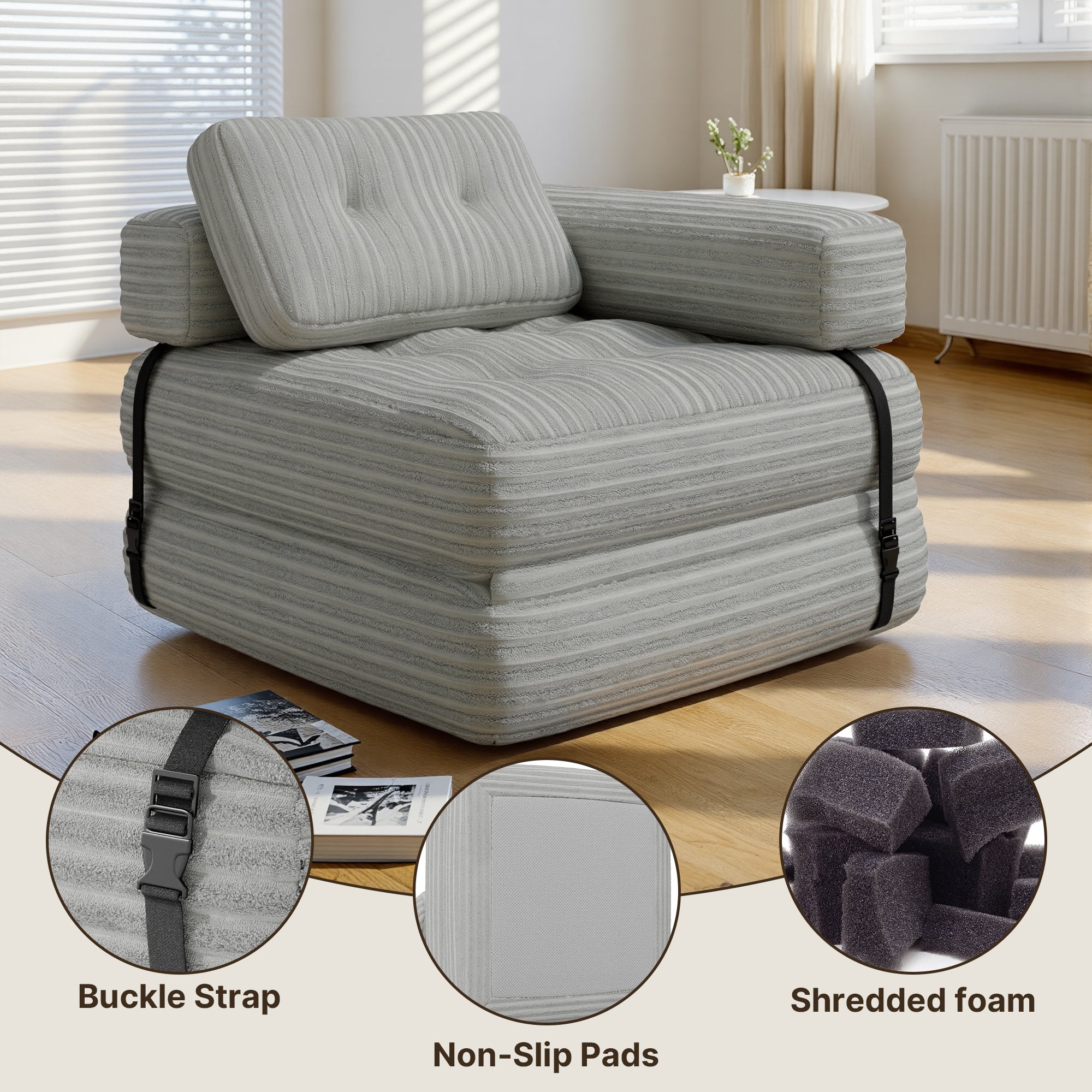 Bealife Sofá Conversível Poltrona-Cama de 1 Lugar em L Cinza Claro Veludo Cotelado Travesseiro Longo 85 x 85 cm - 4