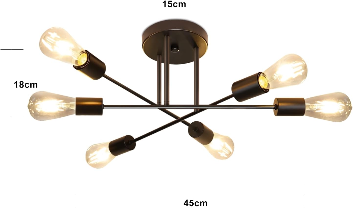 Nettlife Candeeiro de teto do vintage 6 lâmpadas industrial sala estar e27 preto lustre retro quarto lâmpada estilo rústico candeeiro mesa jantar - 5