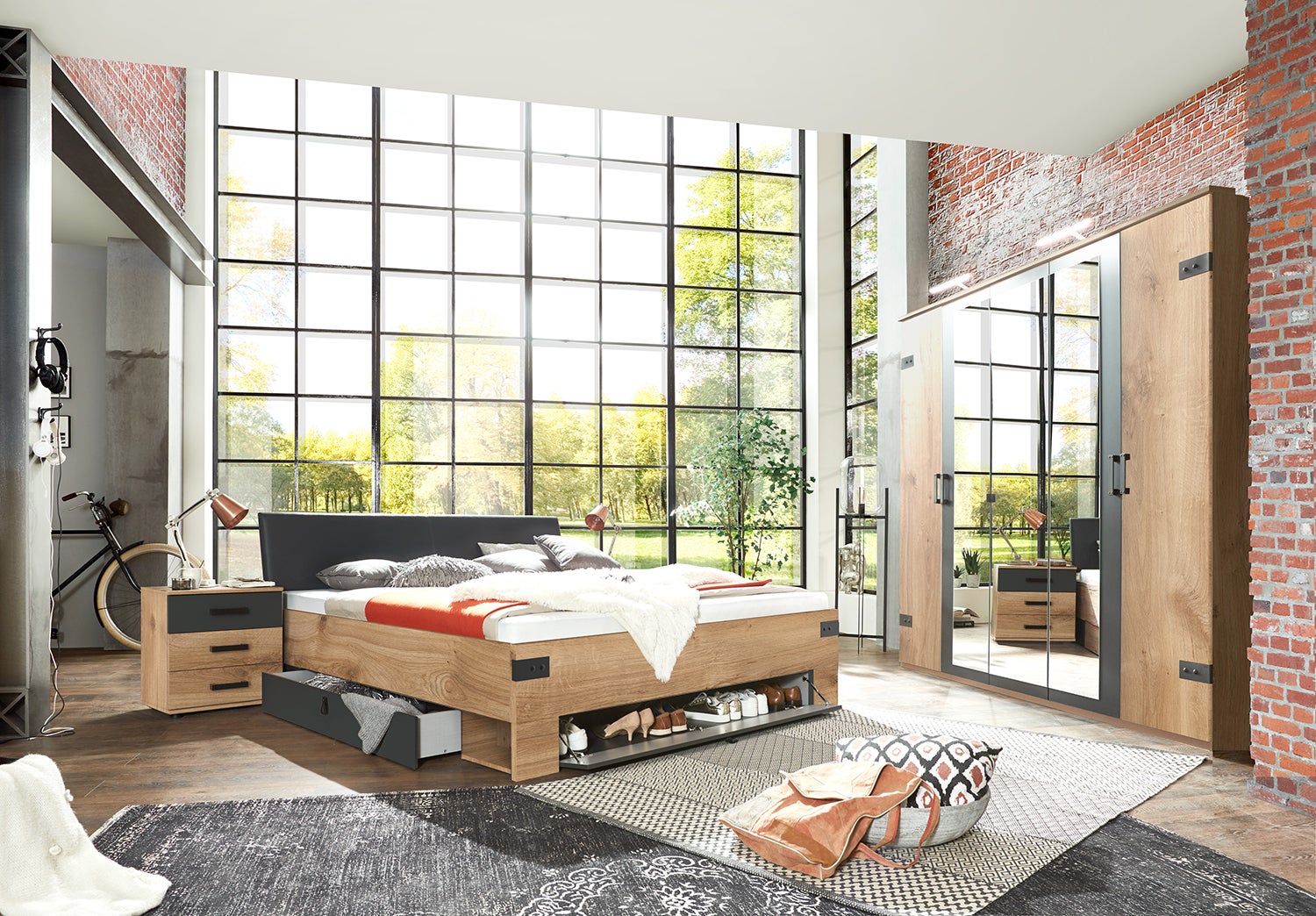 Chambre Complète PEGANE - Lit 180x200 + 2 Chevets + Armoire - Effet Bois - Livrée En Kit