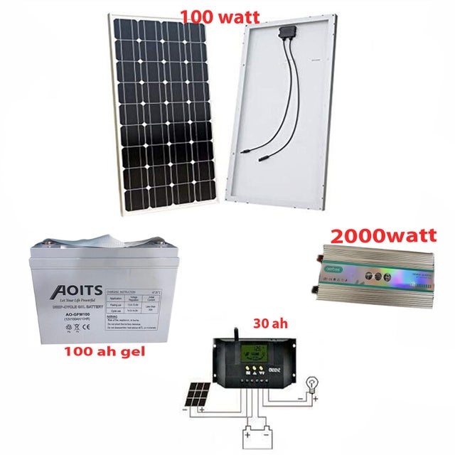KIT FOTOVOLTAICO PANNELLO SOLARE 100W CON BATTERIA 100Ah A GEL PER ACCUMULO REGOLATORE 30 AH