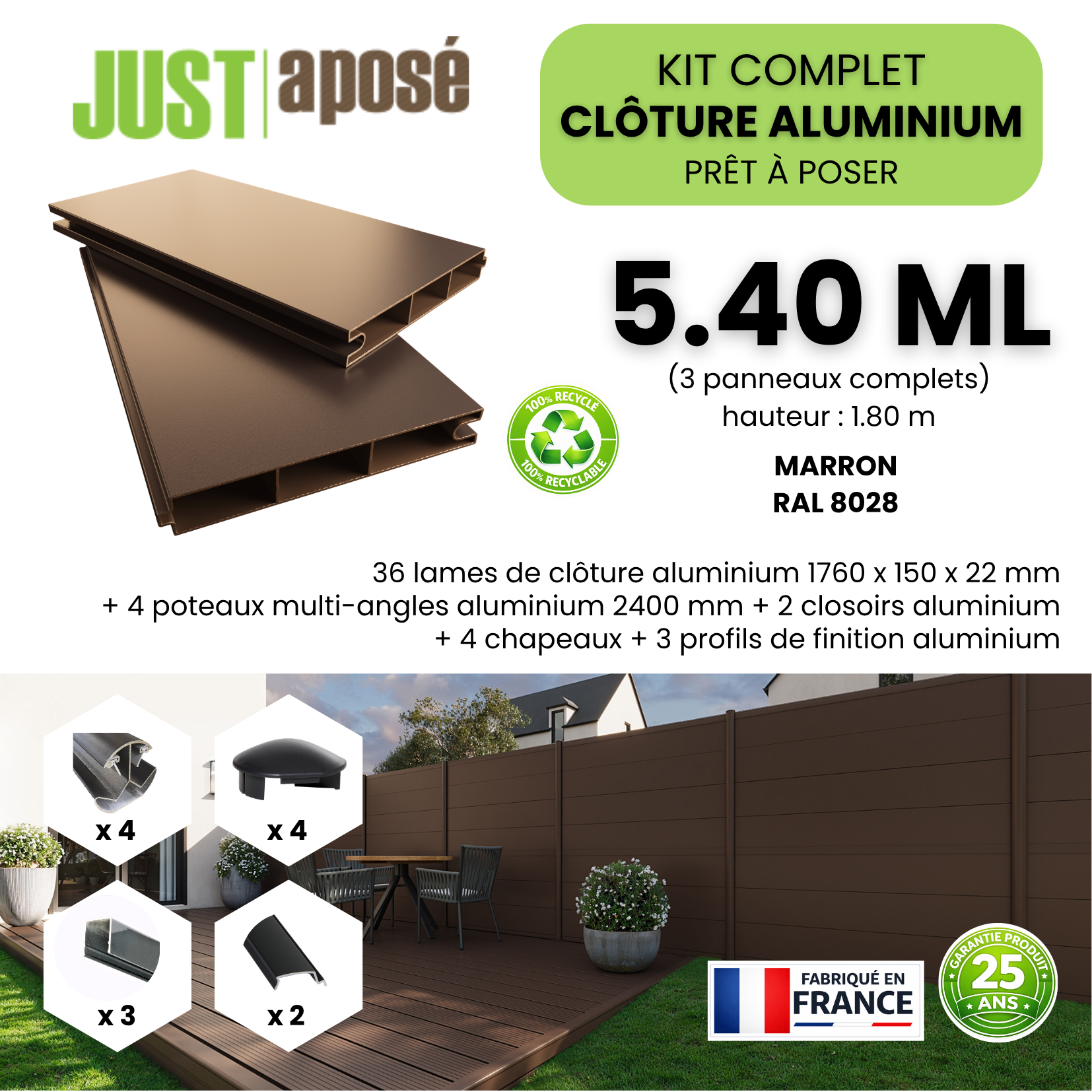 Kit complet clôture aluminium - 3 panneaux complets - 5,40 x 1,80 m - Prêt à poser - Marron - 3