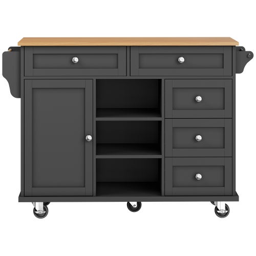 Îlot De Cuisine Mobile Avec Plan De Travail Et Tiroirs - 140 X 40 X 93,5 Cm (dépliable 70 Cm), Roulettes, Rangement Ajustable, Noir Et Grain Bois