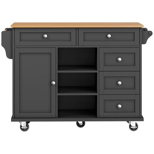 Îlot De Cuisine Mobile Avec Plan De Travail Et Tiroirs - 140 X 40 X 93,5 Cm (dépliable 70 Cm), Roulettes, Rangement Ajustable, Noir Et Grain Bois