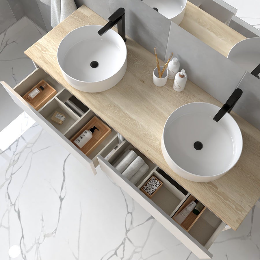 Meuble de salle de bain avec vasques rondes BALEA et miroir Led STAM - Blanc - 120cm - 3