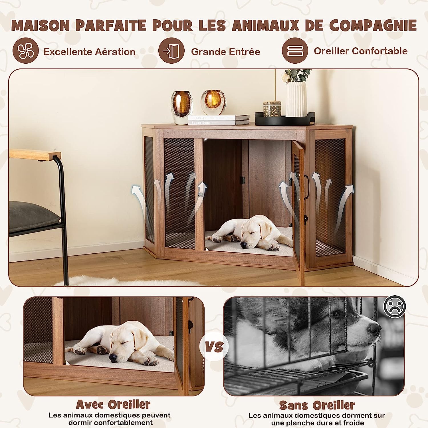 Gabbia Per Cani Angolare Con Tavolino - Cuccia Interno Per Cani Di Tutte Le Taglie, Porta Bloccabile E Cuscino Incluso