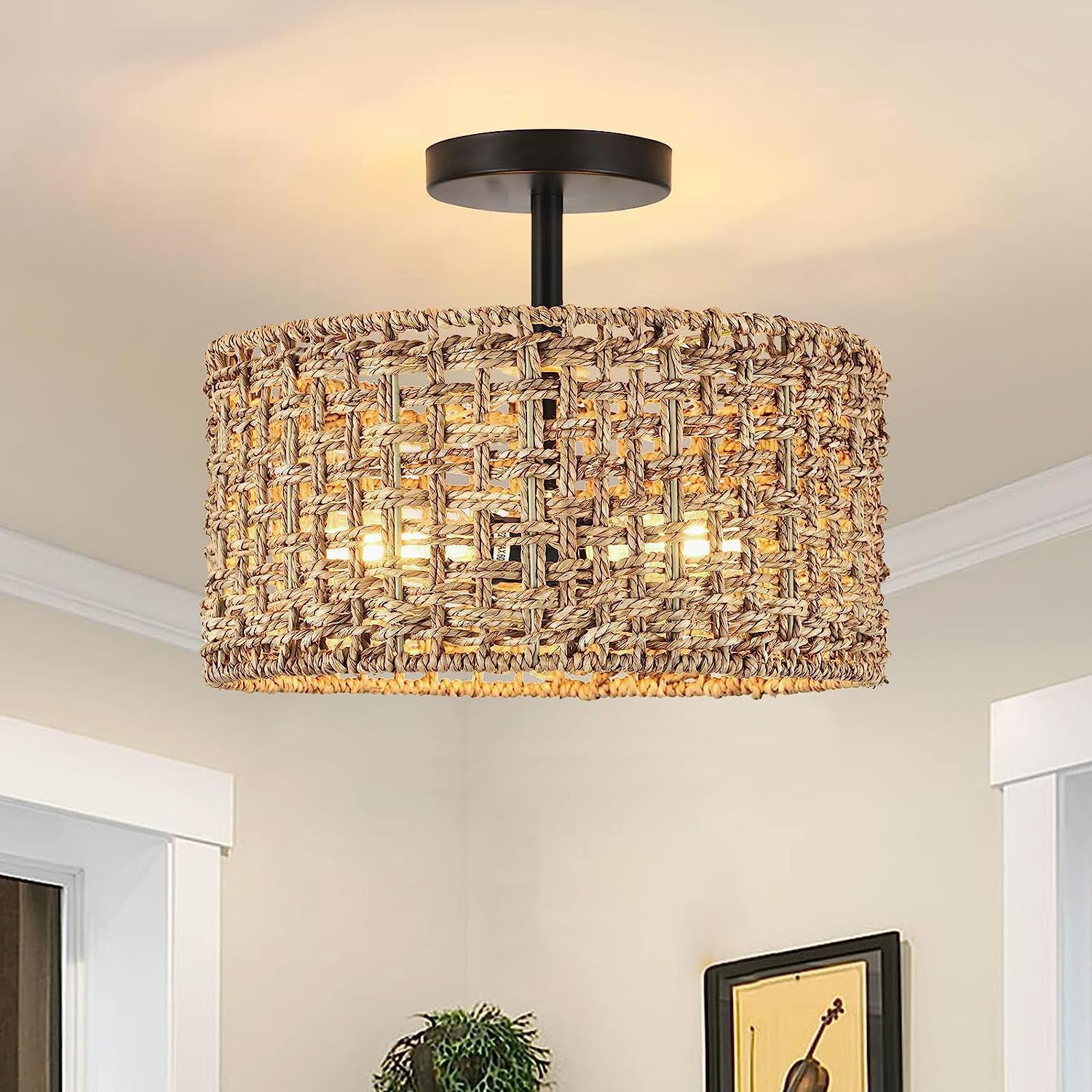 Lampa sufitowa z rattanu, żyrandol w stylu boho, lampa wisząca z żarówką, lampa sufitowa w stylu Wabi-sabi, 3 temperatury barwowe (3000K-6000K)