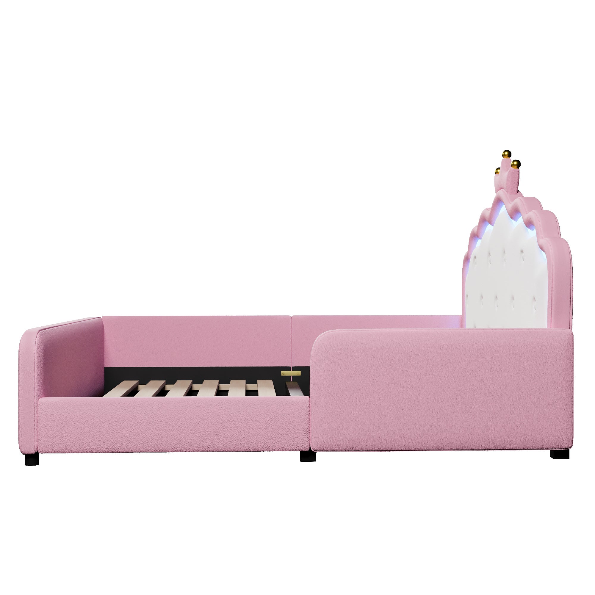 Lit enfant 140×190 cm avec lumière LED, Lit double rembourré,avec tête de lit princesse en forme de couronne, Tissu PU,Rose(matelas non inclus) - 7