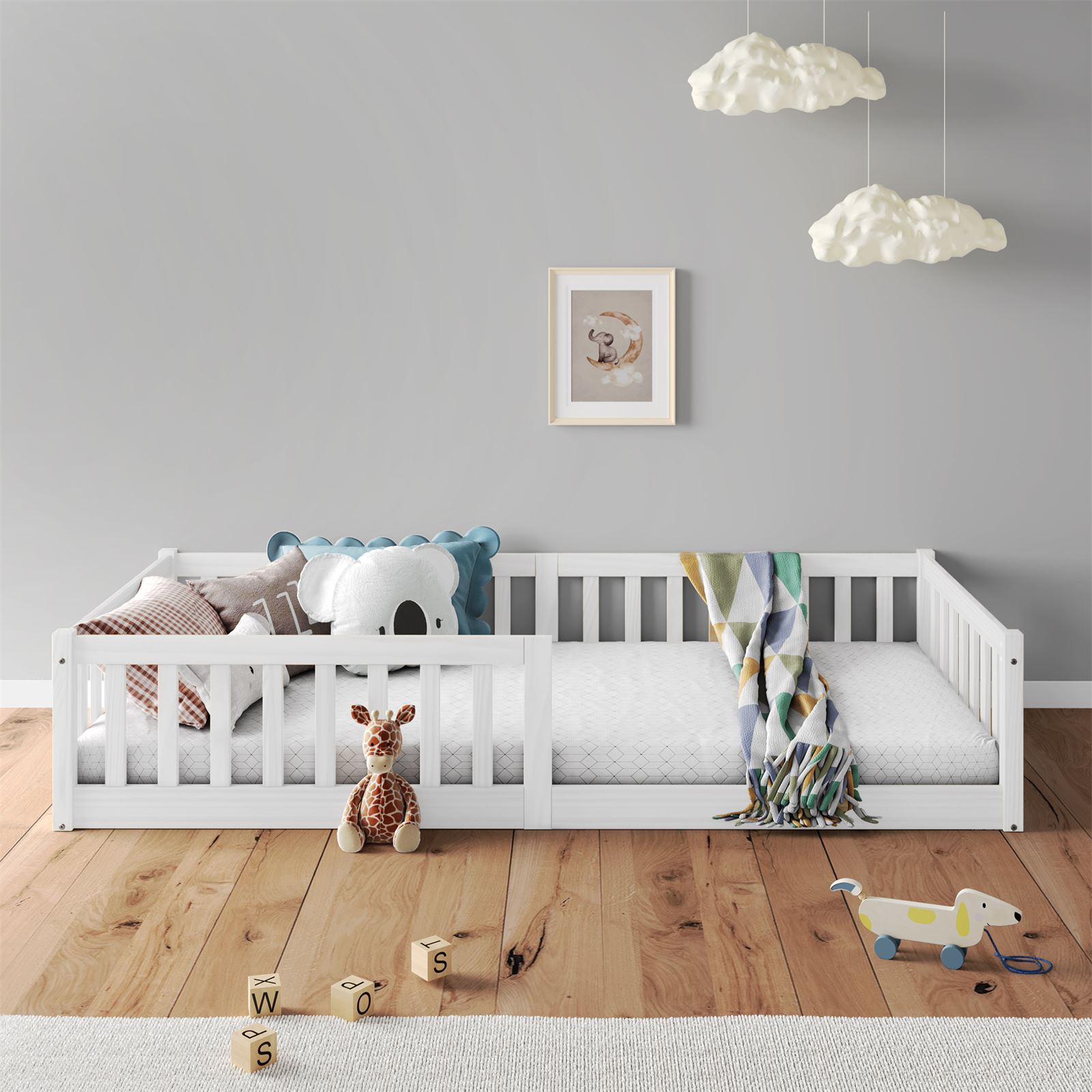 Lit enfant GUSTAVO type Montessori, couchage 90x190 cm, en pin massif lasuré blanc - 3