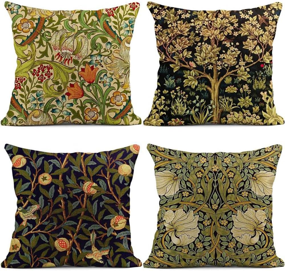 Poszewka na poduszkę 45x45 cm, lniana poszewka na poduszkę, zestaw 4 dekoracyjnych poszewek na poduszki z motywem kwiatowym i ptakami, poszewka na pod