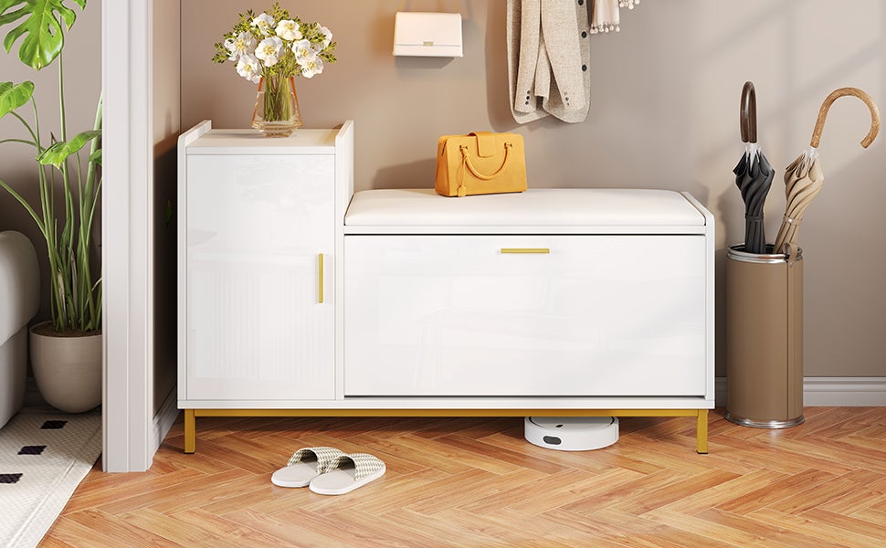 Banc à chaussures avec 2 portes - 100 x 38 x 68 cm - Panneau de particules et pièds en métal - Blanc - 7