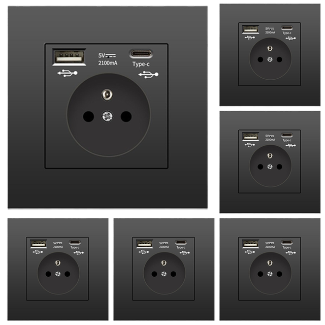 Lot de 6 prises murales avec USB et Type-C, 5 V 2,1 A, prise USB encastrée standard UE, multiprise française, 110-250 V (noir)