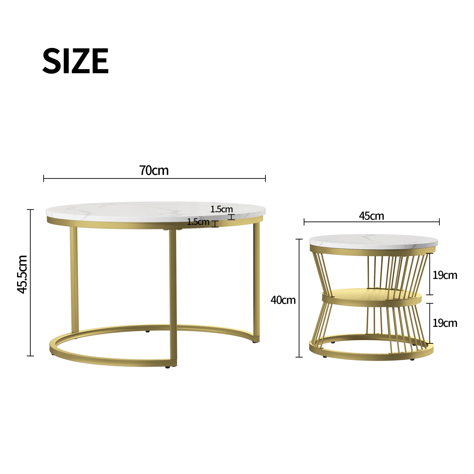 Ensemble de 2 Tables Basses Rondes, Tables Gigognes de Salon Modernes avec Pieds en Métal Doré, Blanc et Or(70 x 45.5cm) - 2