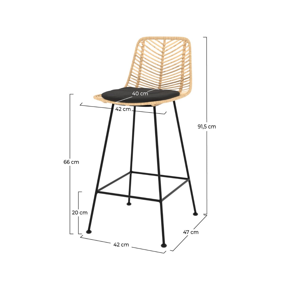 Lot de 2 chaises pour îlot central 66 cm en rotin naturel et noir - Tamara - 4