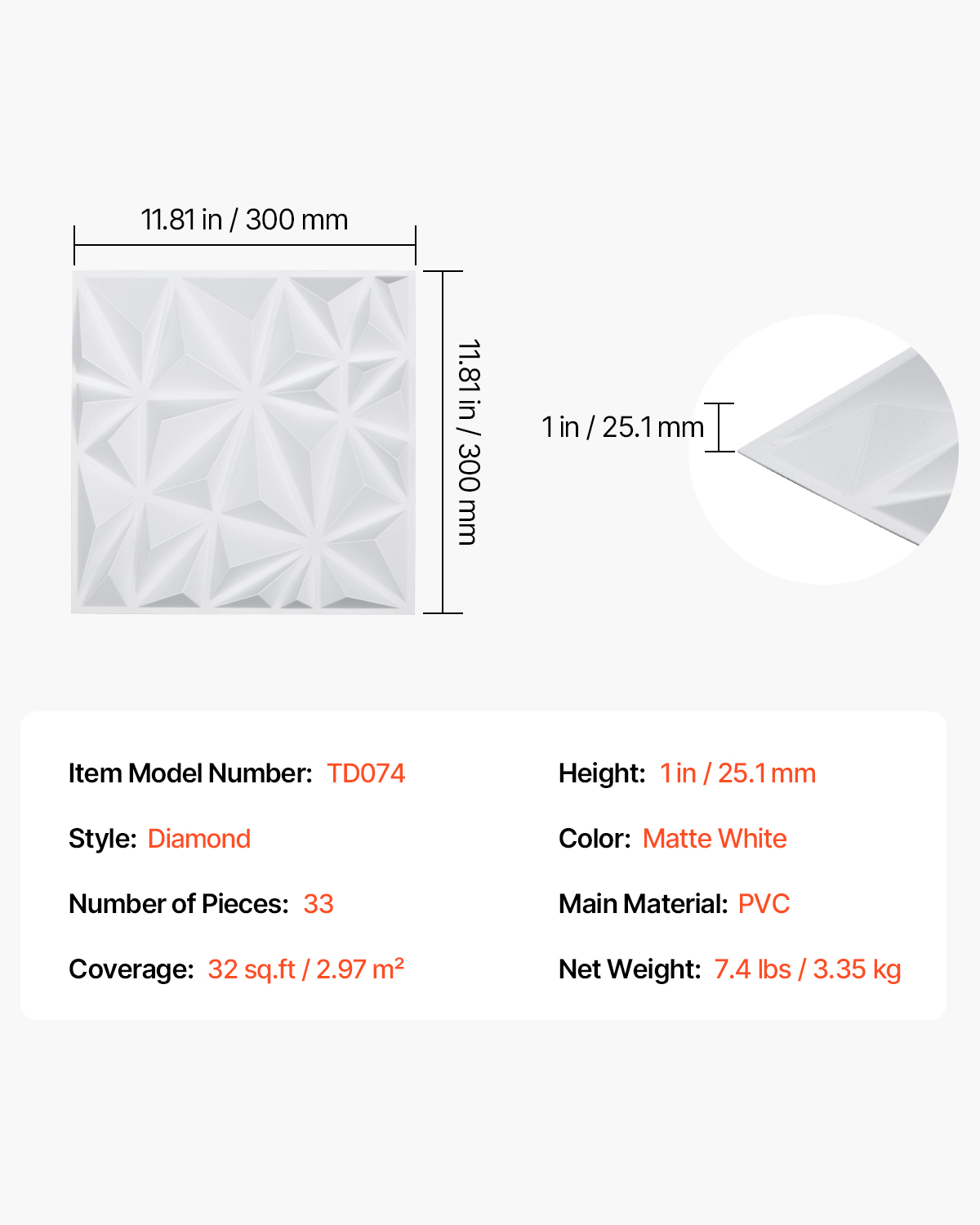 Panneaux muraux VEVOR 3D,33 carreaux diamant PVC 11,81 x 11,81 po,couverture 32 pi²,pour plafond,chambre,salon et salle de jeux,blanc mat - 7
