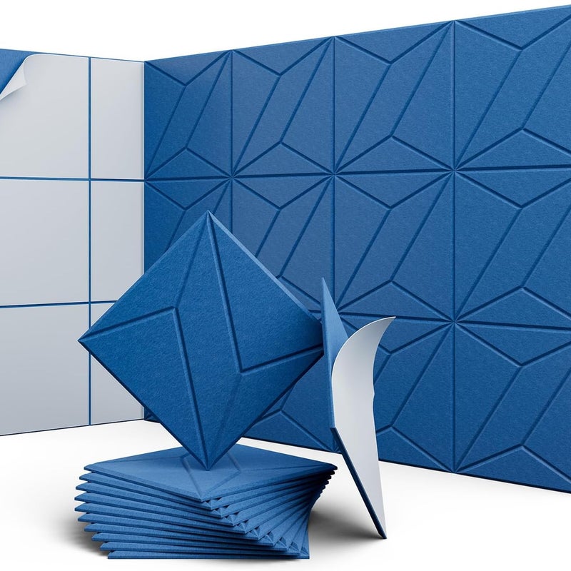 Zestaw 12 samoprzylepnych paneli akustycznych, wyściółka dźwiękochłonna z poliestru, panele ścienne o wysokiej gęstości, 30 x 30 x 1 cm, niebieskie