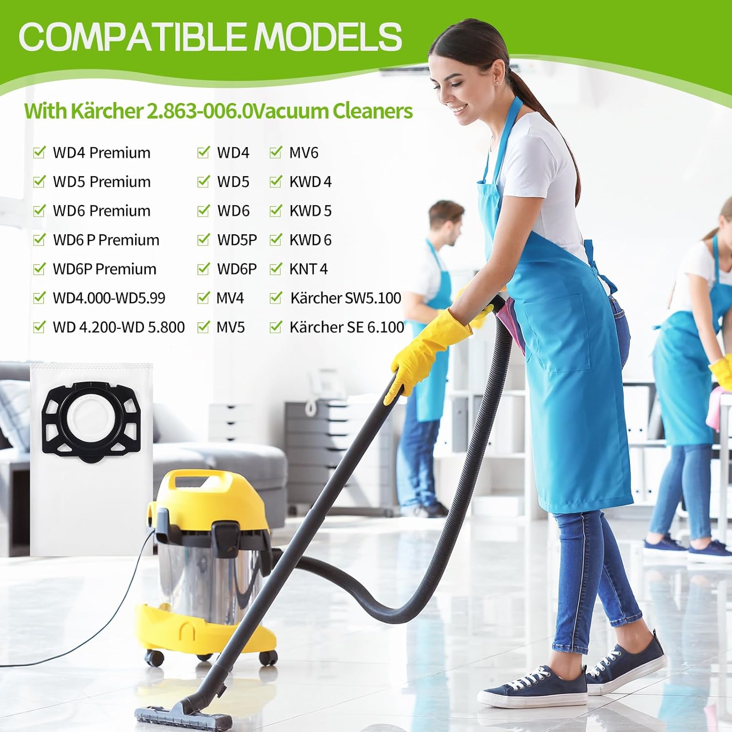 10 sacs à poussière + 2 filtres plats plissés pour Kärcher WD4, WD5, WD6, MV4, MV5, MV6, alternative au KFI 487+ KFI 4410, 2.863-006.0 + 2.863-005.0 - 4