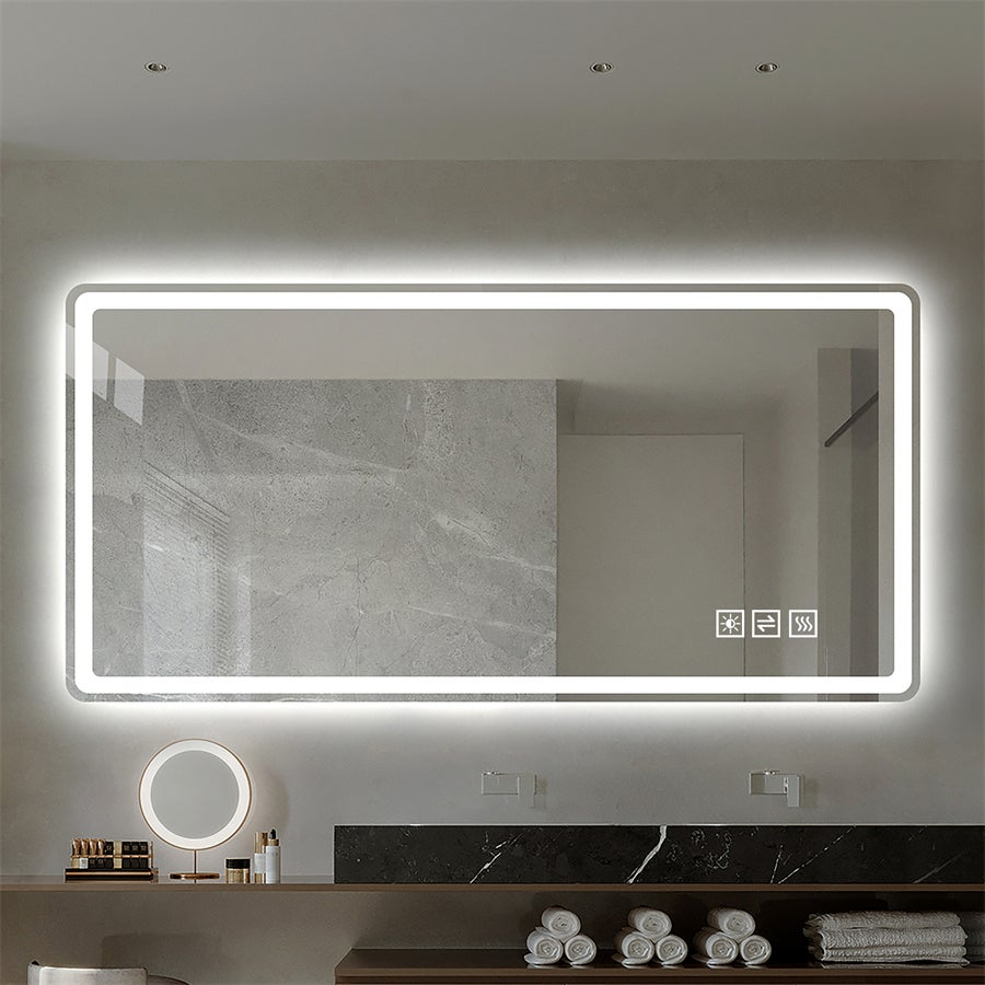 Lustro łazienkowe bezramowe LED 60x100 cm, odporne na zaparowanie, hartowane szkło bezpieczne, ściemnialne i z oświetleniem w 3 kolorach
