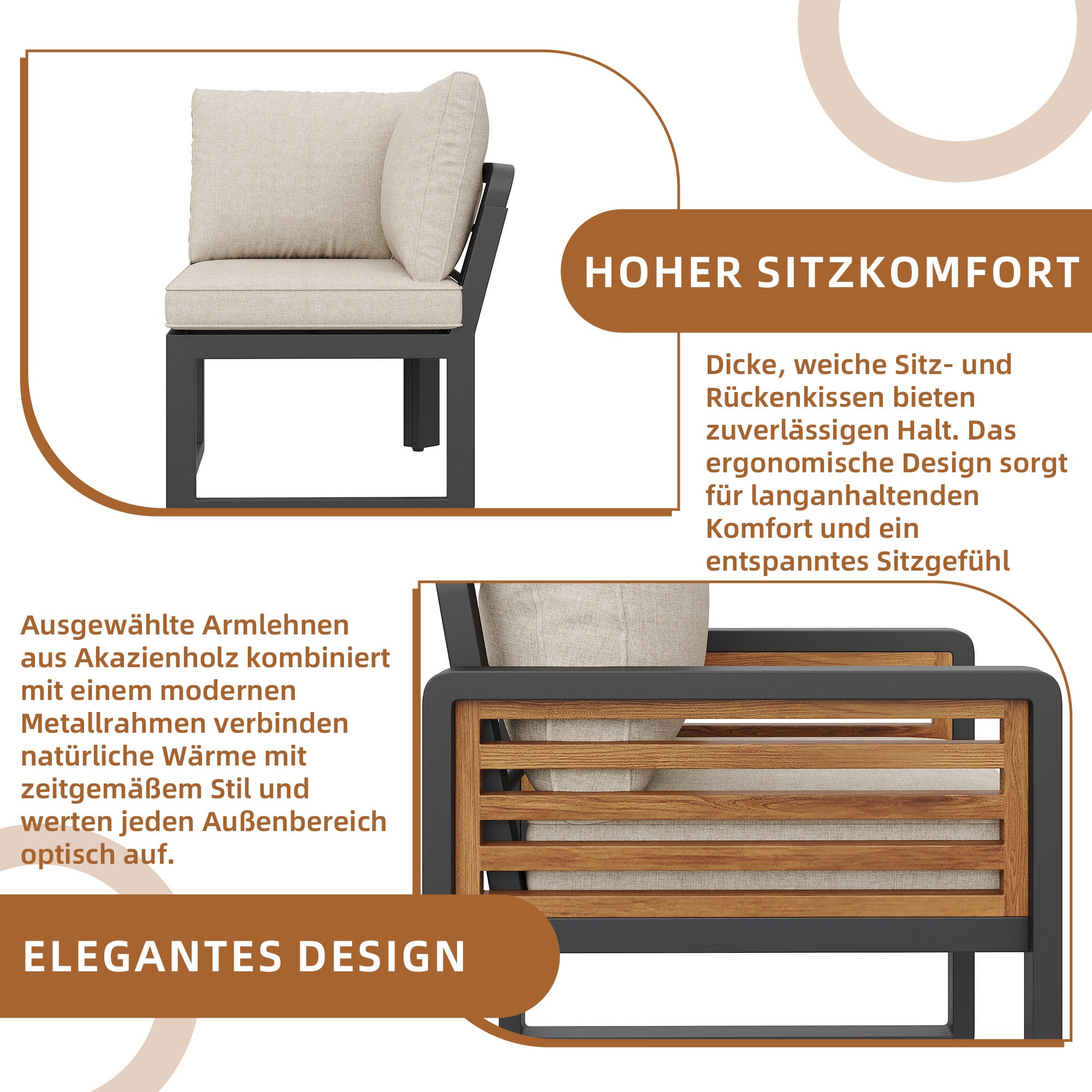 Salon de jardin modulable en fer galvanisé 7 places : 2 canapé 2 places + 3 fauteuils + 1 table 90 x 63 x 63 cm - Beige - 9