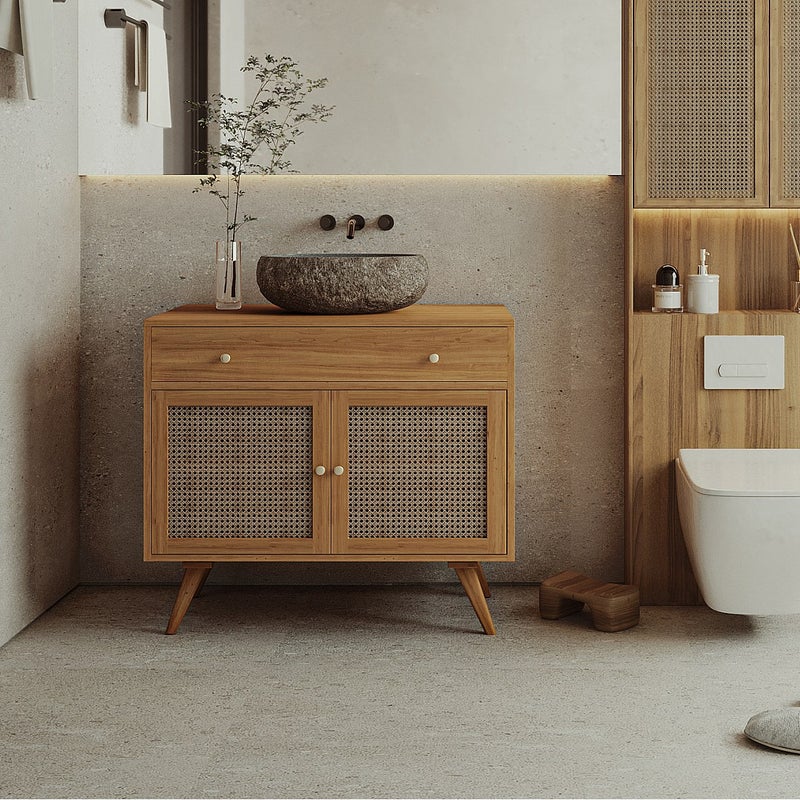 Szafka pod umywalkę z jasnego drewna tekowego z plecionką – 90 cm – MANSULAN