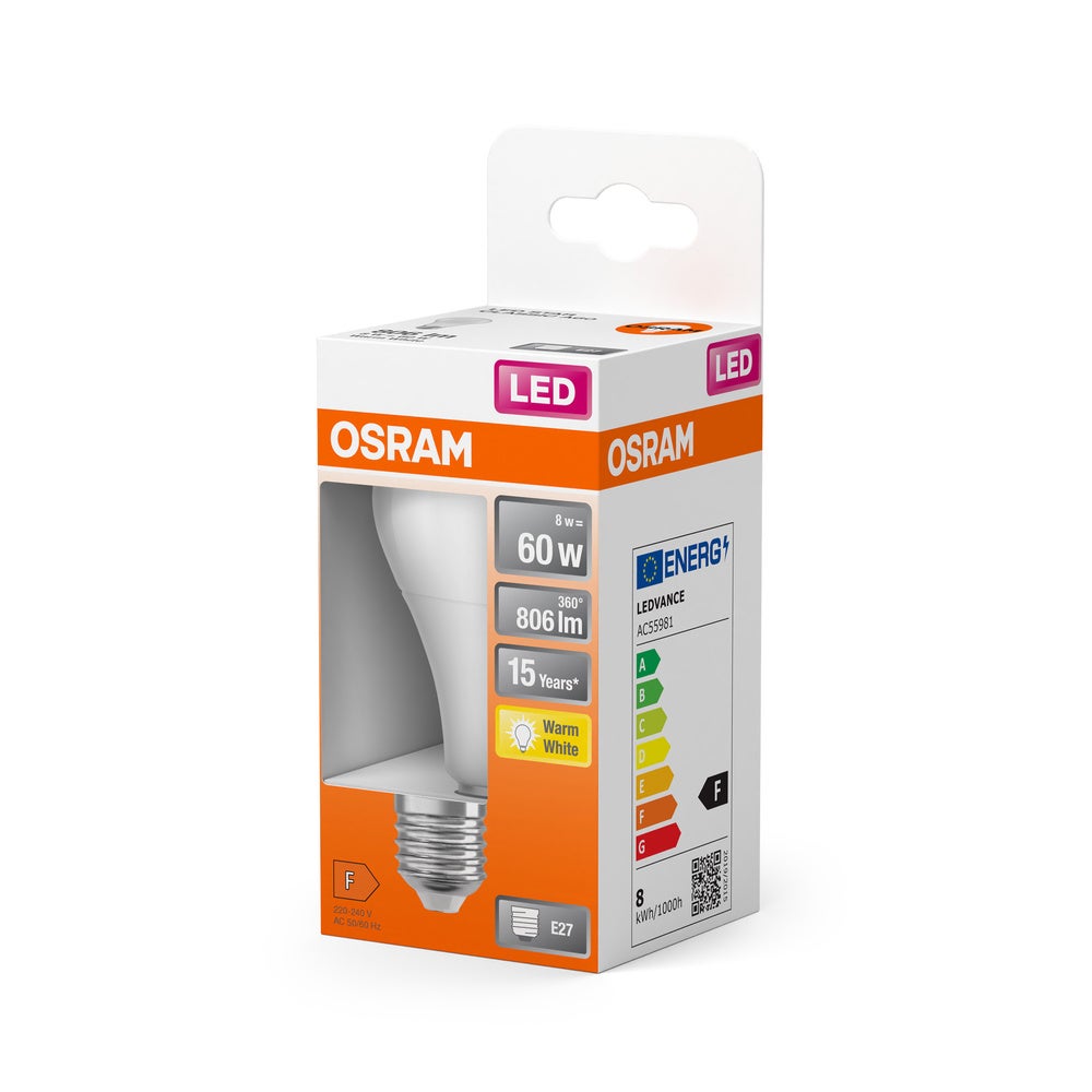 OSRAM Ampoule LED - E27 - Warm White - 2700 K - 8,50 W - remplacement pour 60-W-Incandescent bulb - givré - LED STAR CLASSIC A - 2