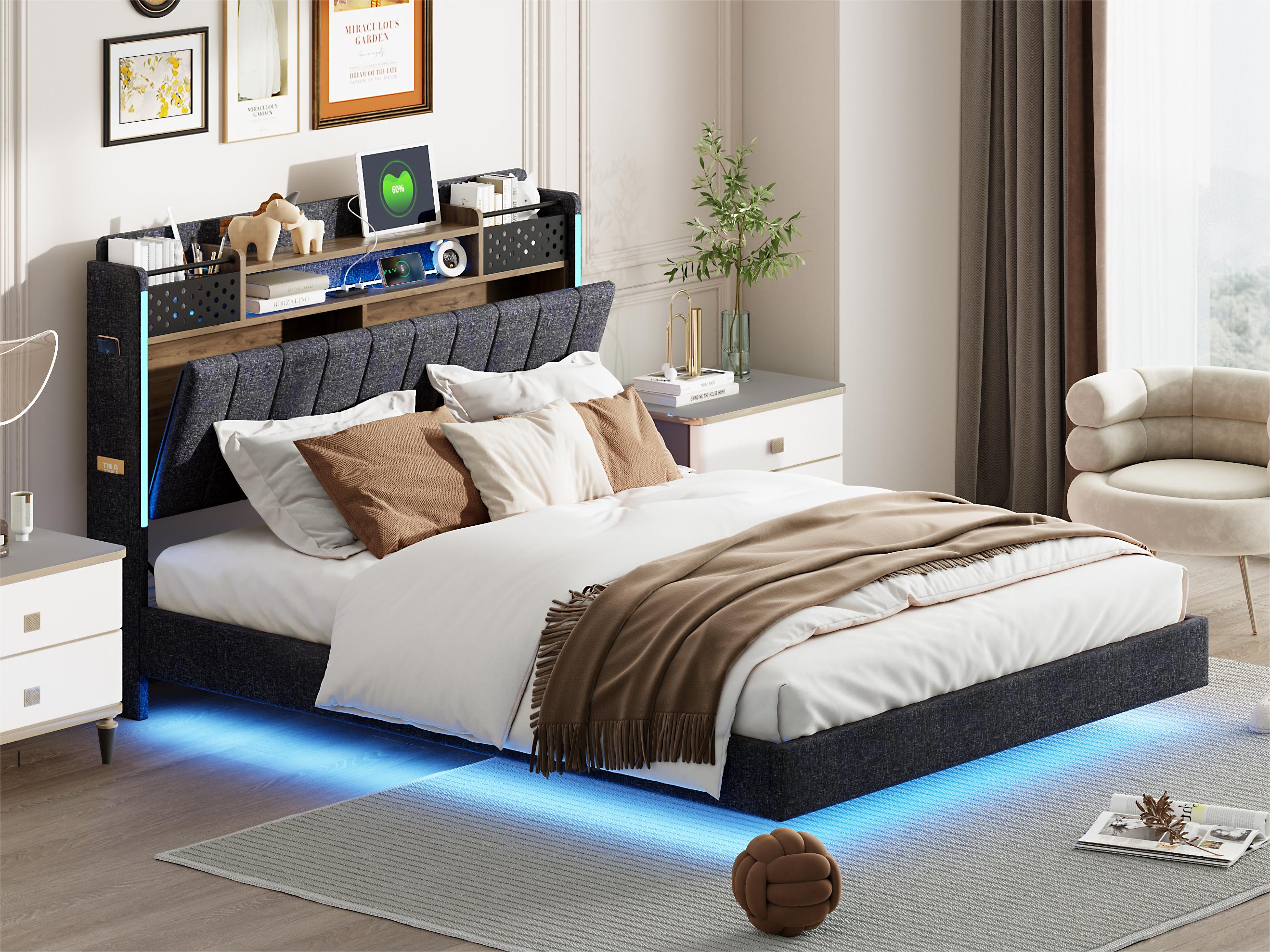 Łóżko 140x200 cm z tkaniny lnianej - z wtyczką USB i podstawą z listew - Szare