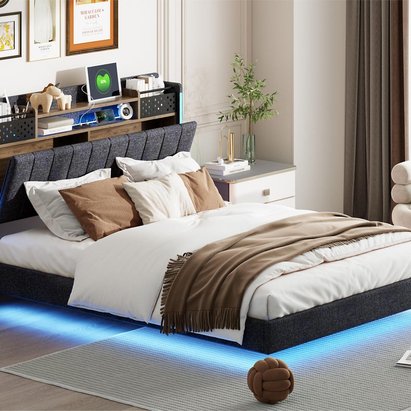 Zdjęcia - Łóżko 140x200 cm z tkaniny lnianej - z wtyczką USB i podstawą z listew - Szare