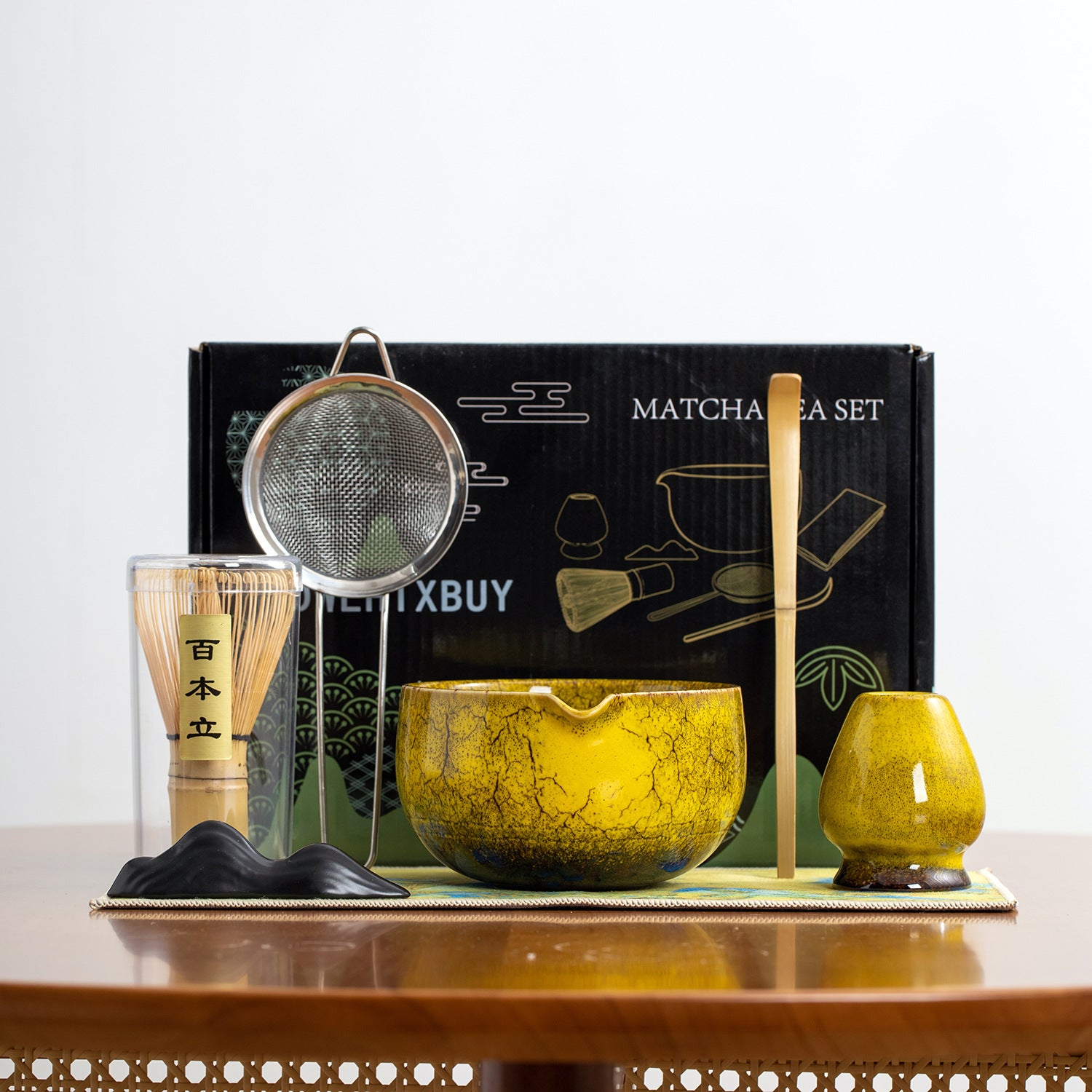 BLUESEABUY Ensemble Matcha 5 Pièces Complet - Bol Céramique 500ml, Fouet Bambou, 2 Cuillères, Porte-Fouet