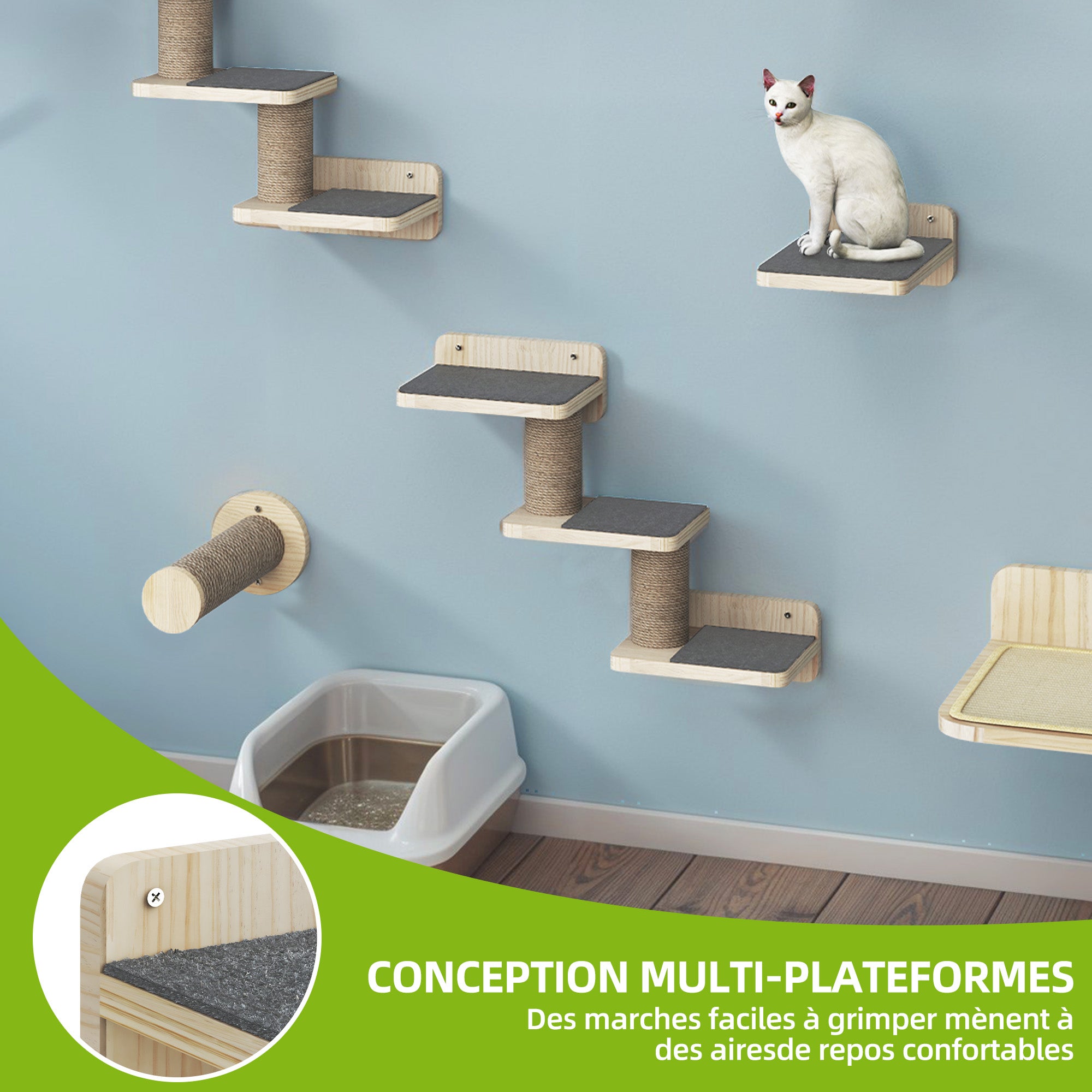 Balconera Ensemble de 8 murs d'escalade pour chats - 1 escalier, 2 plateformes et 2 échelles - Gris et chêne - 4