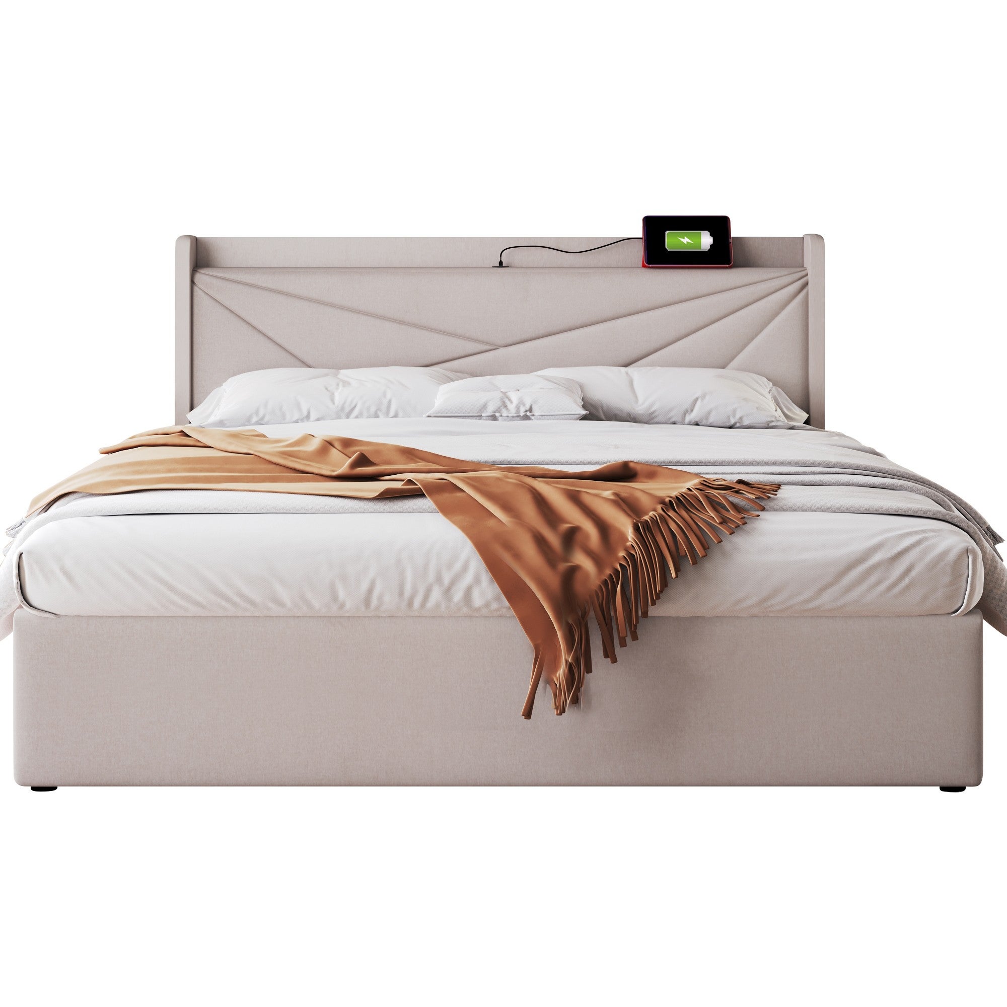 Cama contenedor de tela de lino 160x200 cm - con puerto USB y somier - Beige - 4